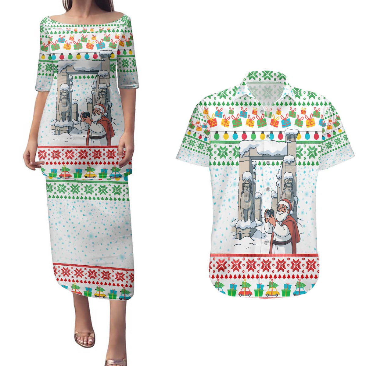 Iran Christmas Couples Matching Puletasi and Hawaiian Shirt with Santa Taking Photos Ancient Columns and Snowflake Gift Pattern - Wonder Print Shop