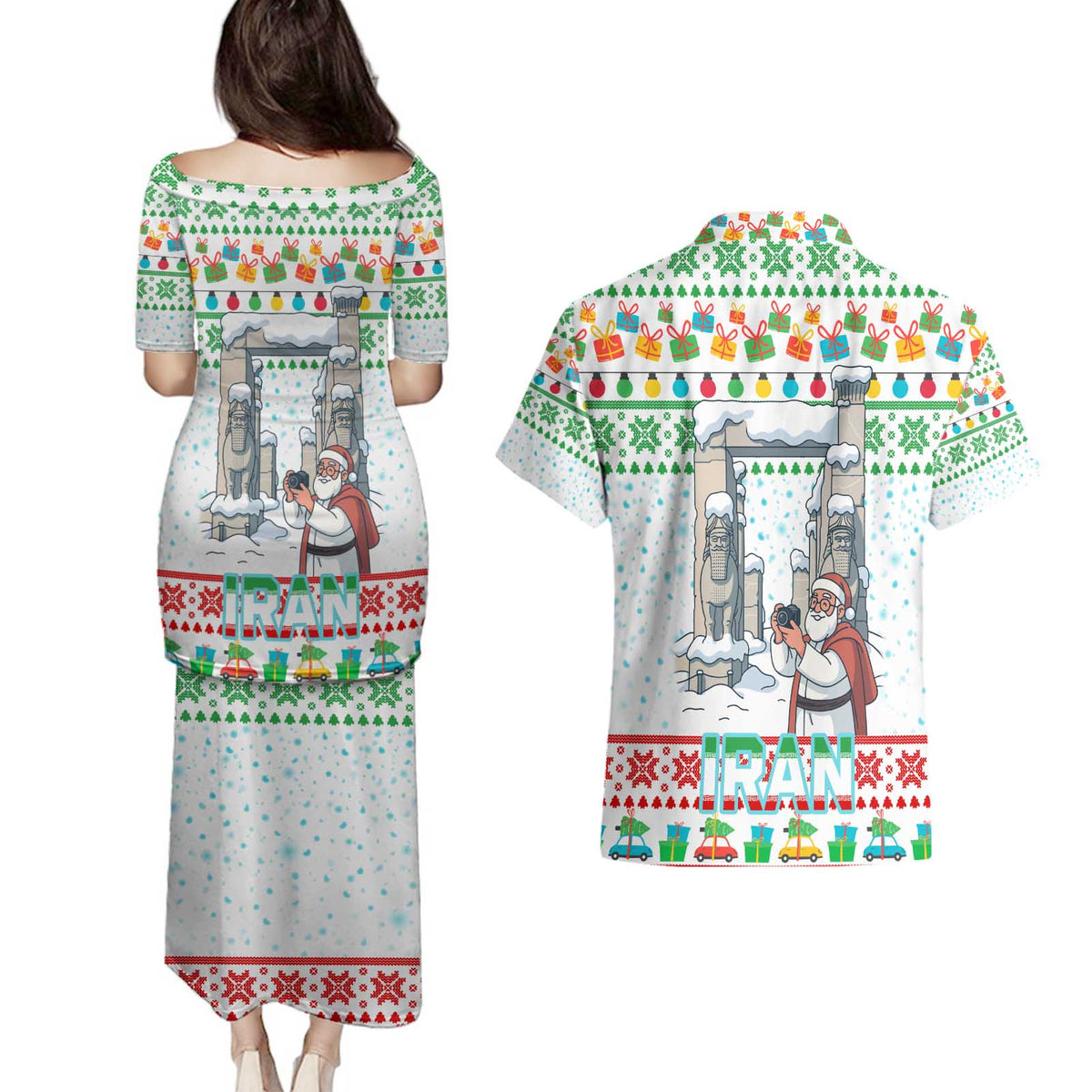 Iran Christmas Couples Matching Puletasi and Hawaiian Shirt with Santa Taking Photos Ancient Columns and Snowflake Gift Pattern - Wonder Print Shop