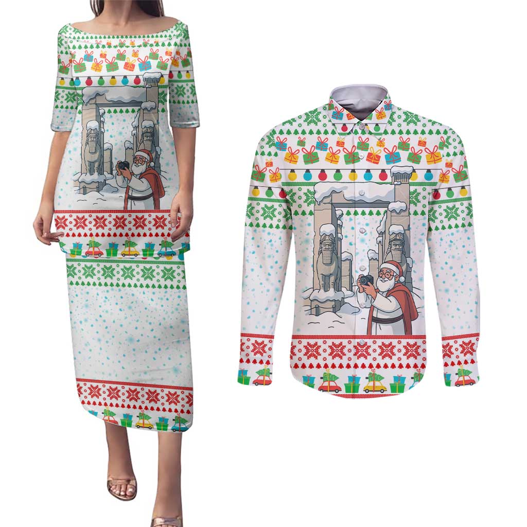 Iran Christmas Couples Matching Puletasi and Long Sleeve Button Shirt with Santa Taking Photos Ancient Columns and Snowflake Gift Pattern - Wonder Print Shop