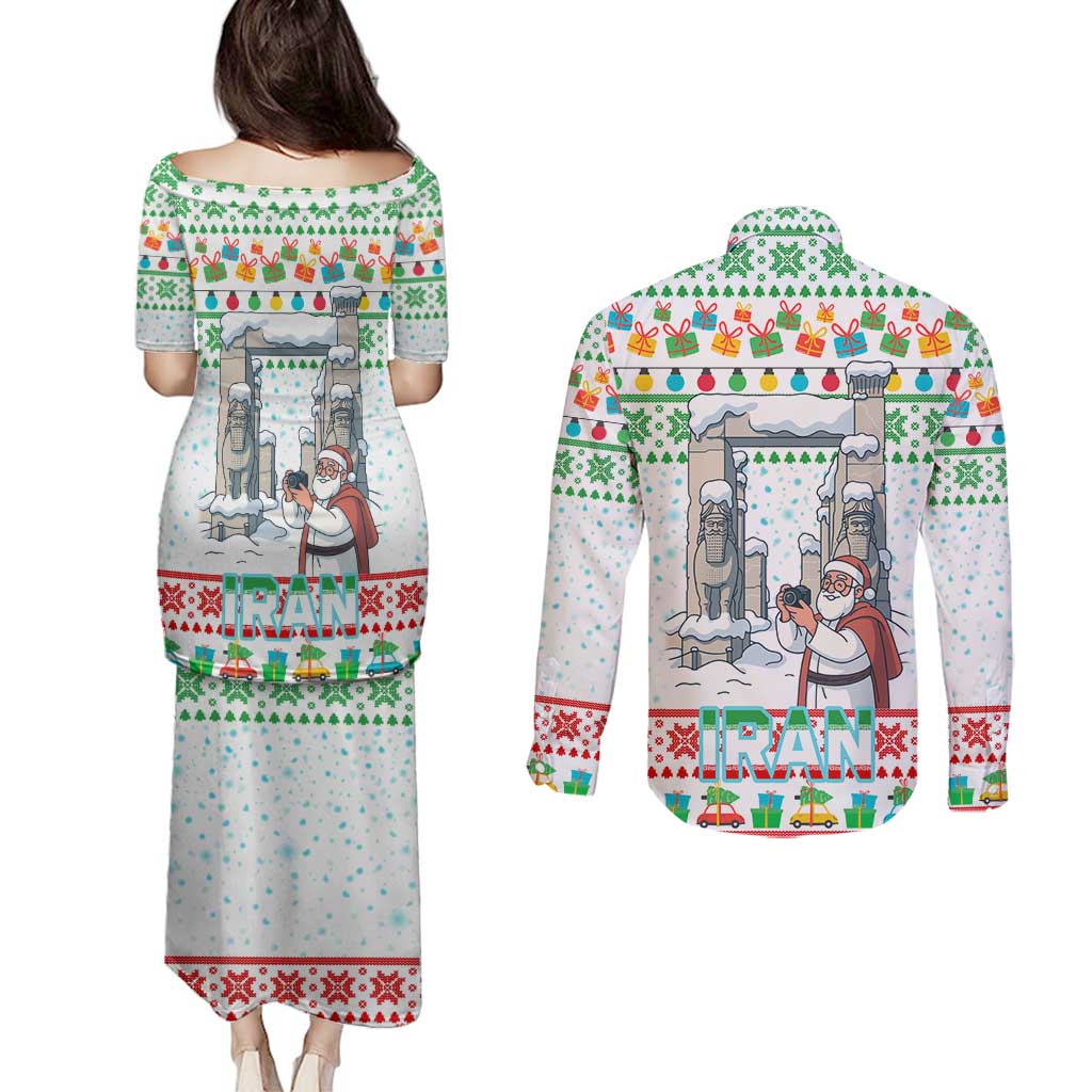 Iran Christmas Couples Matching Puletasi and Long Sleeve Button Shirt with Santa Taking Photos Ancient Columns and Snowflake Gift Pattern - Wonder Print Shop