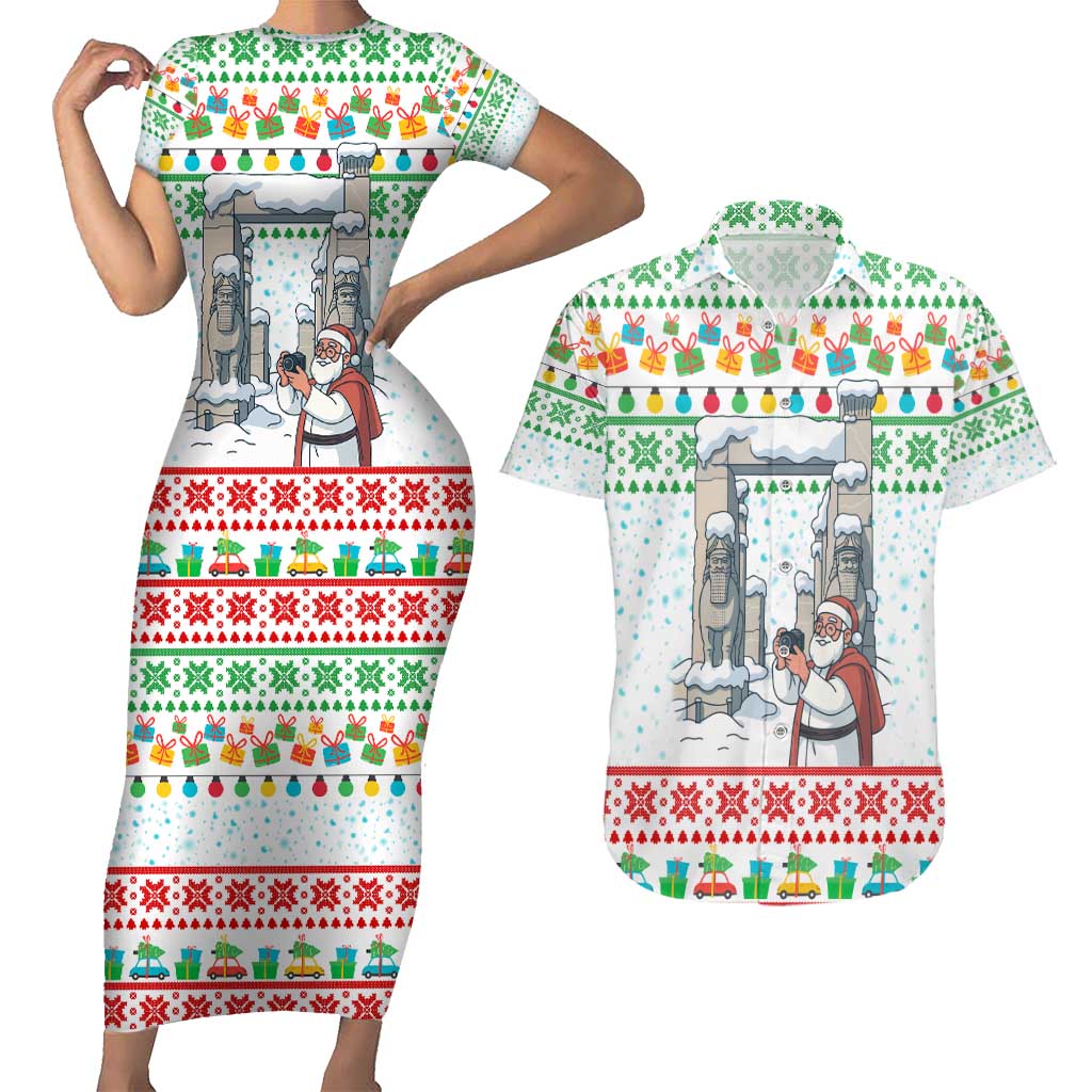 Iran Christmas Couples Matching Short Sleeve Bodycon Dress and Hawaiian Shirt with Santa Taking Photos Ancient Columns and Snowflake Gift Pattern - Wonder Print Shop