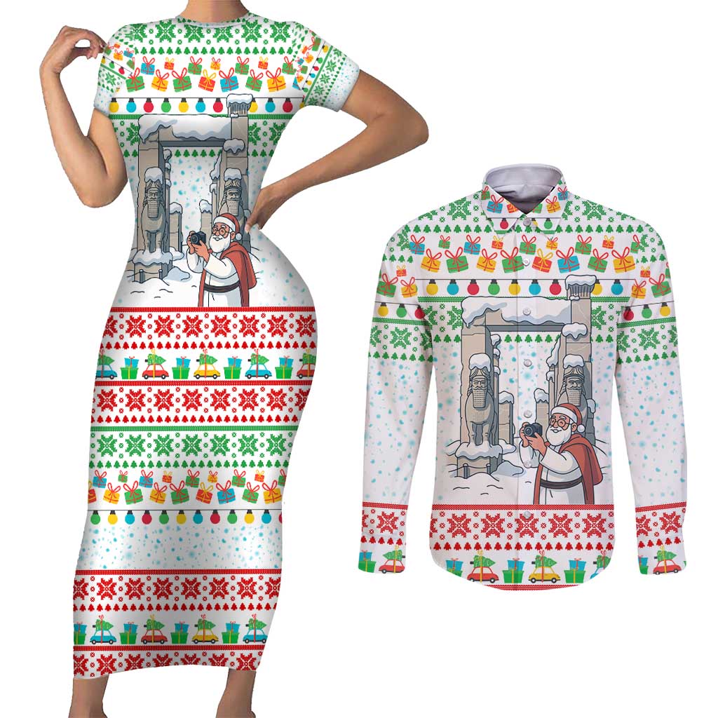 Iran Christmas Couples Matching Short Sleeve Bodycon Dress and Long Sleeve Button Shirt with Santa Taking Photos Ancient Columns and Snowflake Gift Pattern - Wonder Print Shop