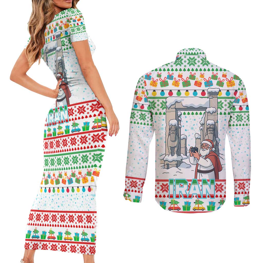 Iran Christmas Couples Matching Short Sleeve Bodycon Dress and Long Sleeve Button Shirt with Santa Taking Photos Ancient Columns and Snowflake Gift Pattern - Wonder Print Shop