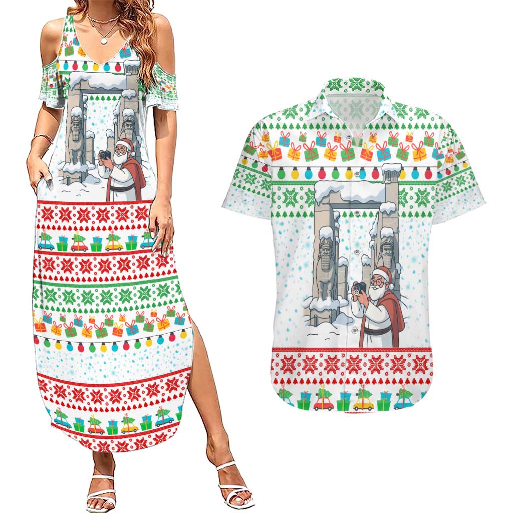 Iran Christmas Couples Matching Summer Maxi Dress and Hawaiian Shirt with Santa Taking Photos Ancient Columns and Snowflake Gift Pattern - Wonder Print Shop