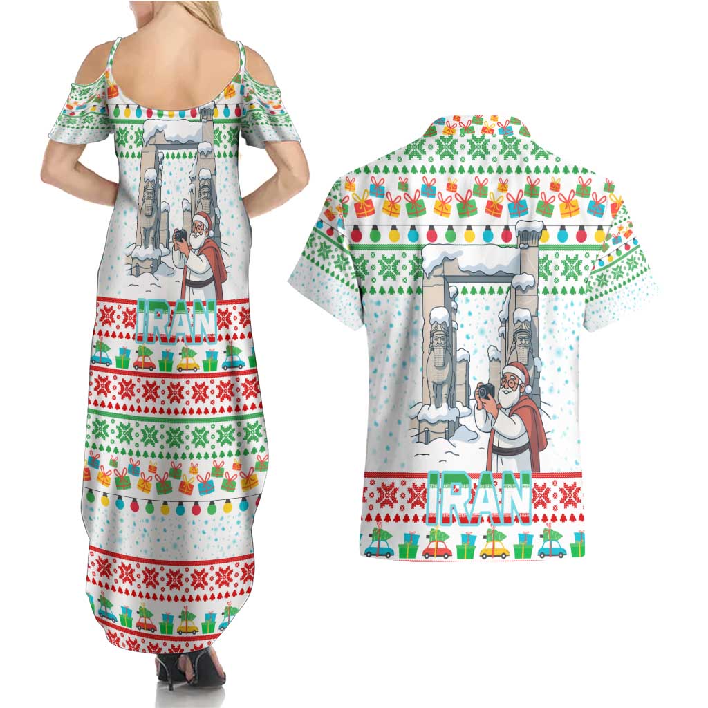Iran Christmas Couples Matching Summer Maxi Dress and Hawaiian Shirt with Santa Taking Photos Ancient Columns and Snowflake Gift Pattern - Wonder Print Shop