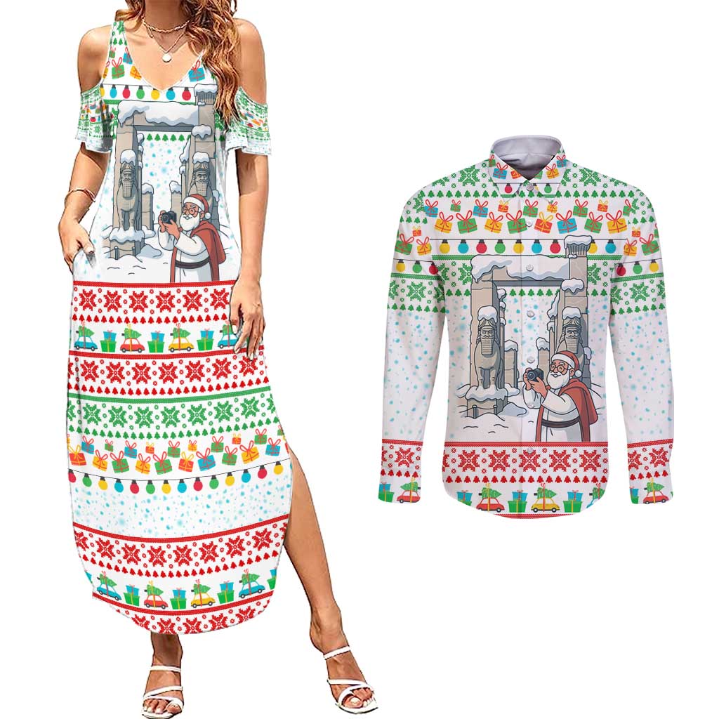 Iran Christmas Couples Matching Summer Maxi Dress and Long Sleeve Button Shirt with Santa Taking Photos Ancient Columns and Snowflake Gift Pattern - Wonder Print Shop