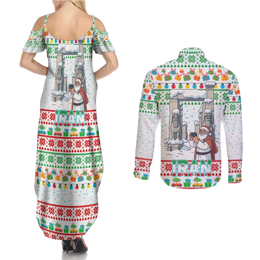 Iran Christmas Couples Matching Summer Maxi Dress and Long Sleeve Button Shirt with Santa Taking Photos Ancient Columns and Snowflake Gift Pattern - Wonder Print Shop