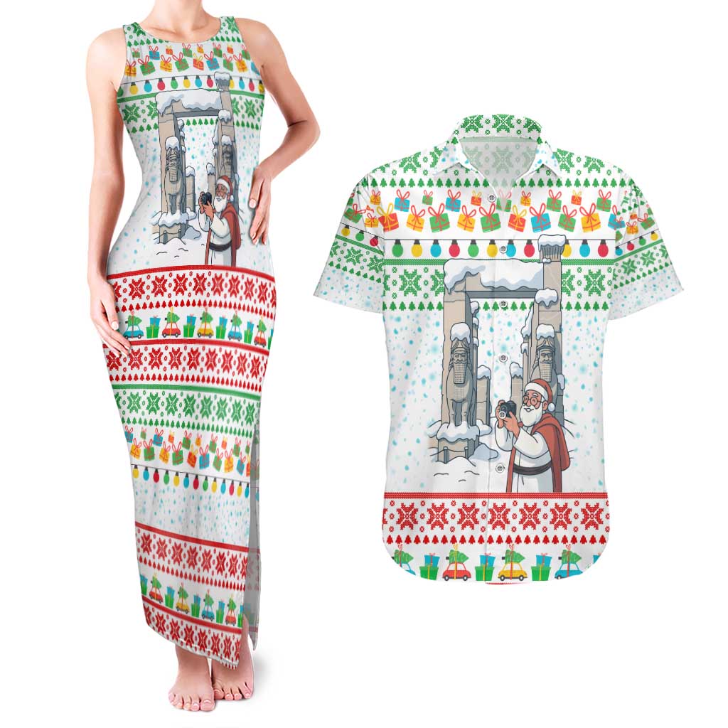 Iran Christmas Couples Matching Tank Maxi Dress and Hawaiian Shirt with Santa Taking Photos Ancient Columns and Snowflake Gift Pattern - Wonder Print Shop