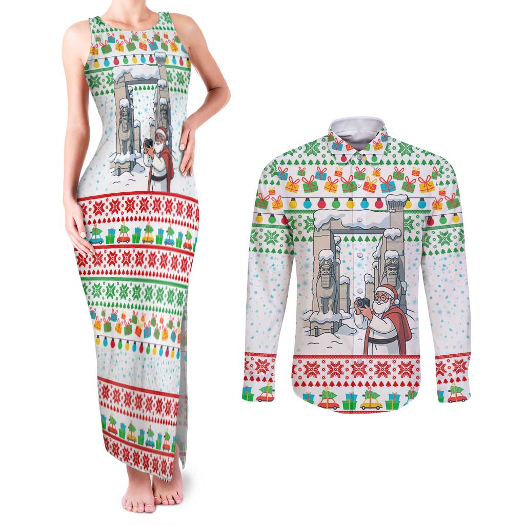Iran Christmas Couples Matching Tank Maxi Dress and Long Sleeve Button Shirt with Santa Taking Photos Ancient Columns and Snowflake Gift Pattern - Wonder Print Shop