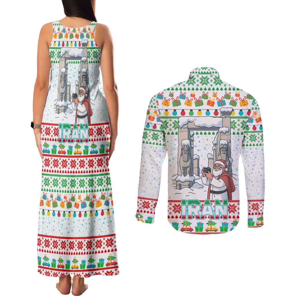 Iran Christmas Couples Matching Tank Maxi Dress and Long Sleeve Button Shirt with Santa Taking Photos Ancient Columns and Snowflake Gift Pattern - Wonder Print Shop