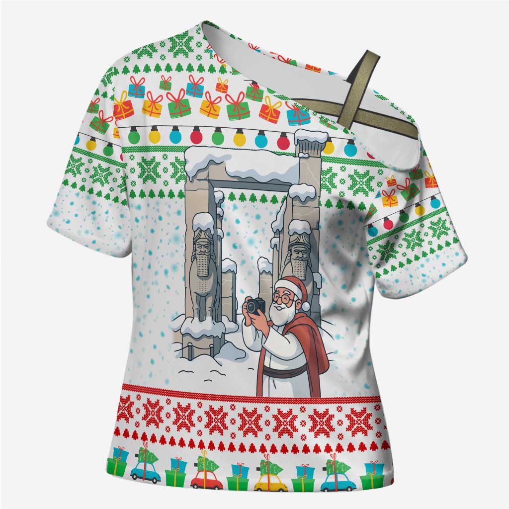 Iran Christmas Cross Shoulder Shirt with Santa Taking Photos Ancient Columns and Snowflake Gift Pattern - Wonder Print Shop