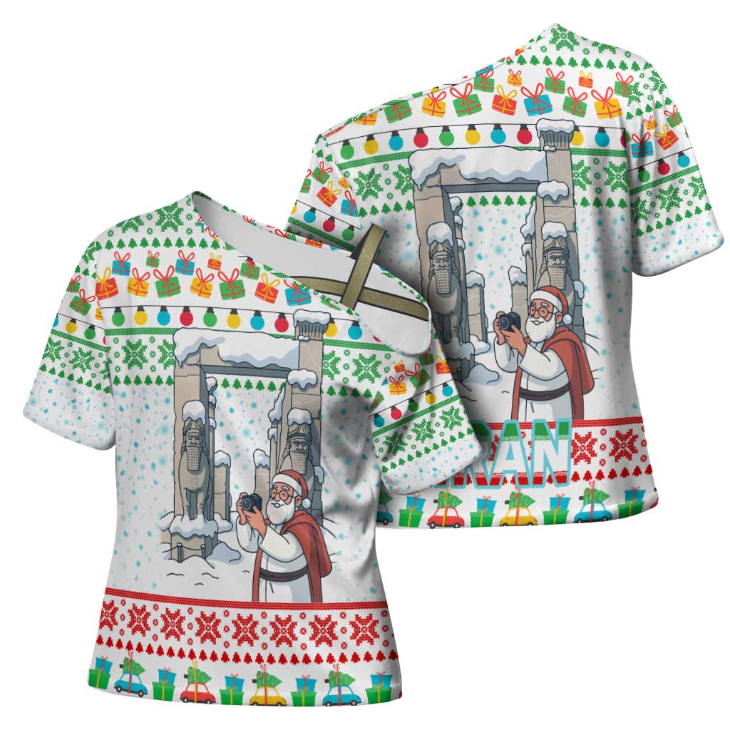 Iran Christmas Cross Shoulder Shirt with Santa Taking Photos Ancient Columns and Snowflake Gift Pattern - Wonder Print Shop