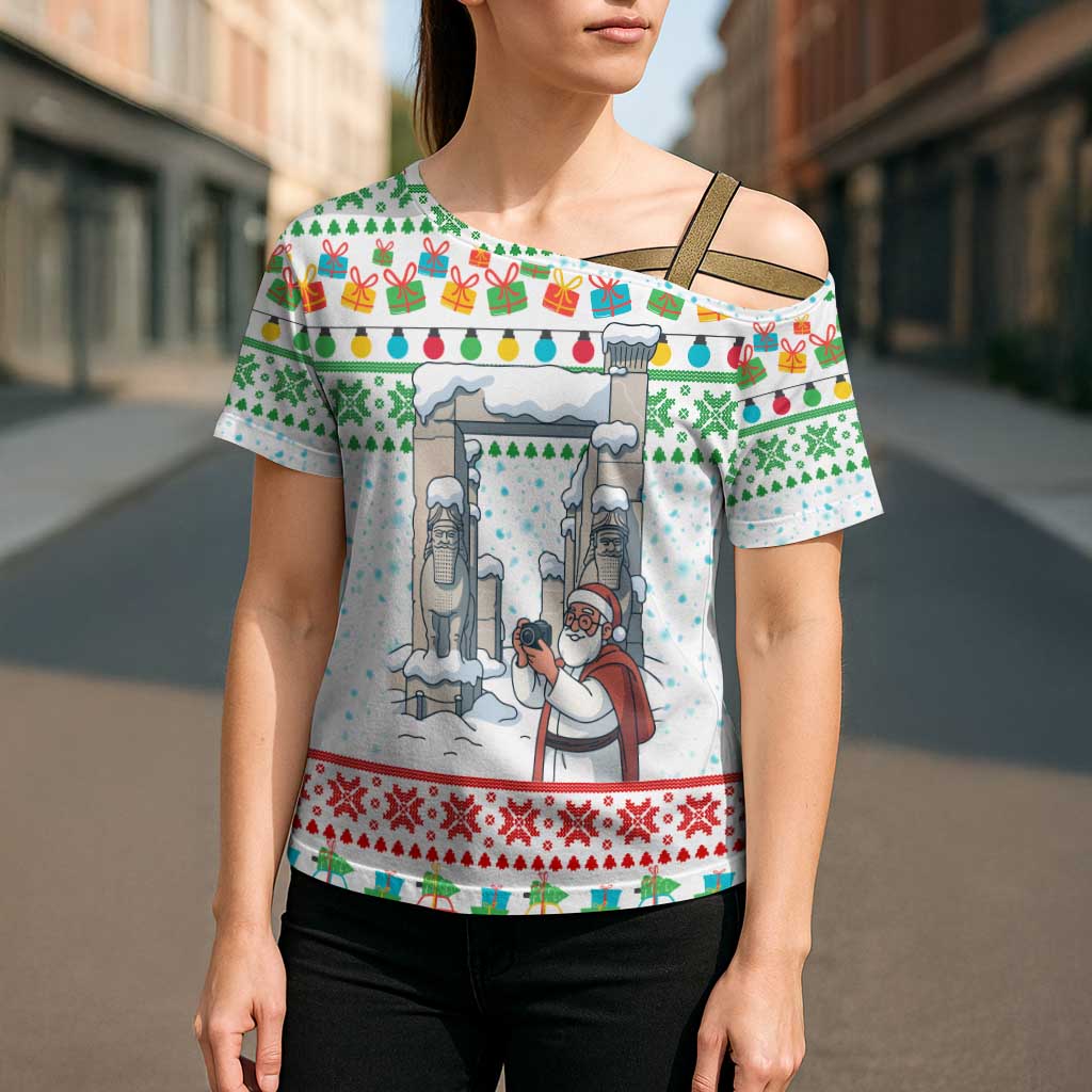 Iran Christmas Cross Shoulder Shirt with Santa Taking Photos Ancient Columns and Snowflake Gift Pattern - Wonder Print Shop
