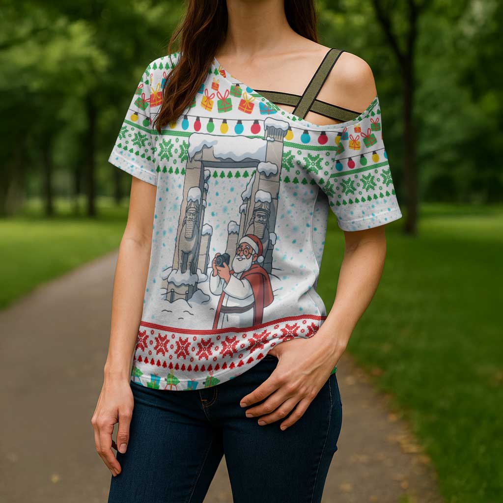 Iran Christmas Cross Shoulder Shirt with Santa Taking Photos Ancient Columns and Snowflake Gift Pattern - Wonder Print Shop