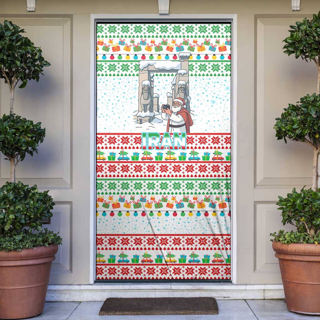 Iran Christmas Door Cover with Santa Taking Photos Ancient Columns and Snowflake Gift Pattern - Wonder Print Shop
