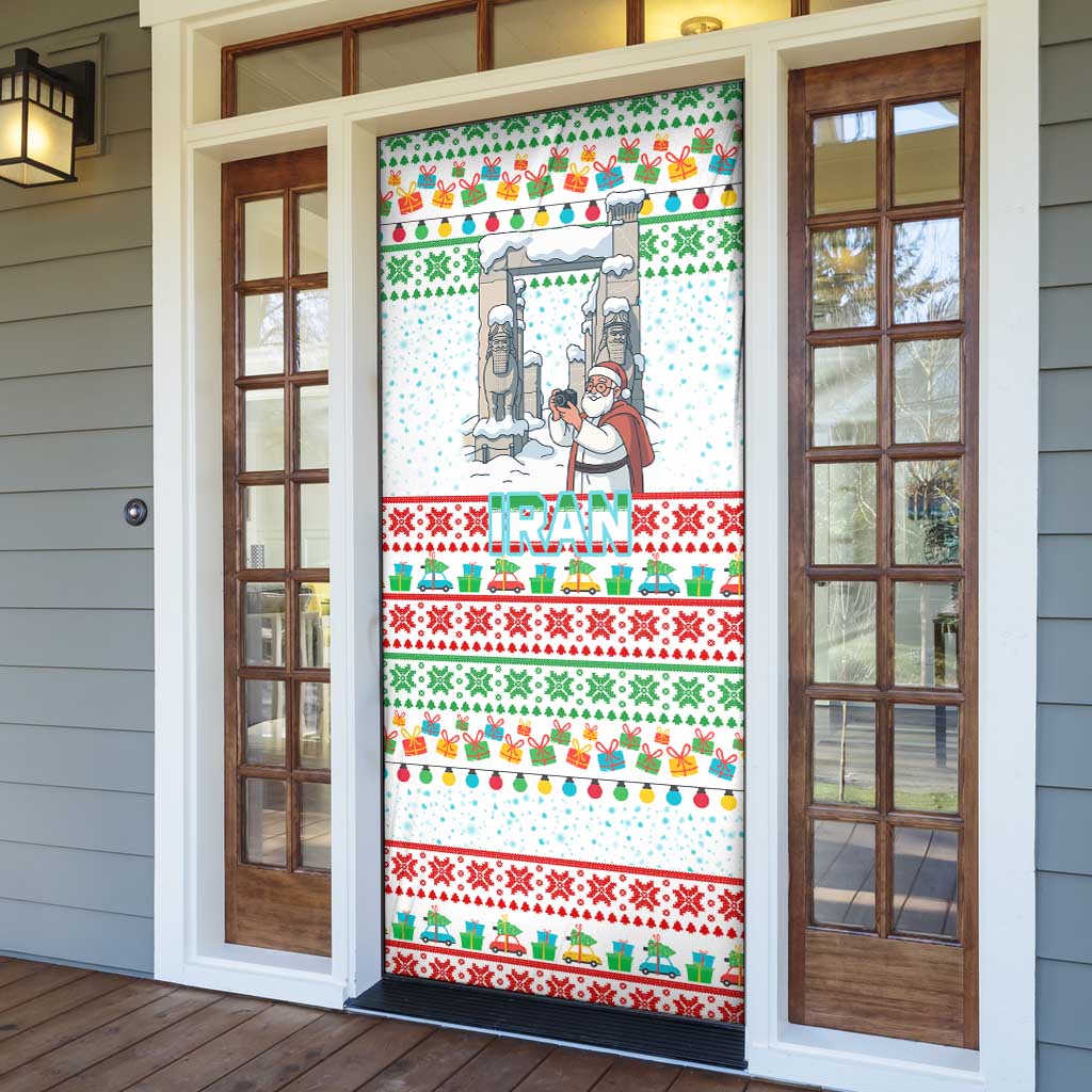 Iran Christmas Door Cover with Santa Taking Photos Ancient Columns and Snowflake Gift Pattern - Wonder Print Shop