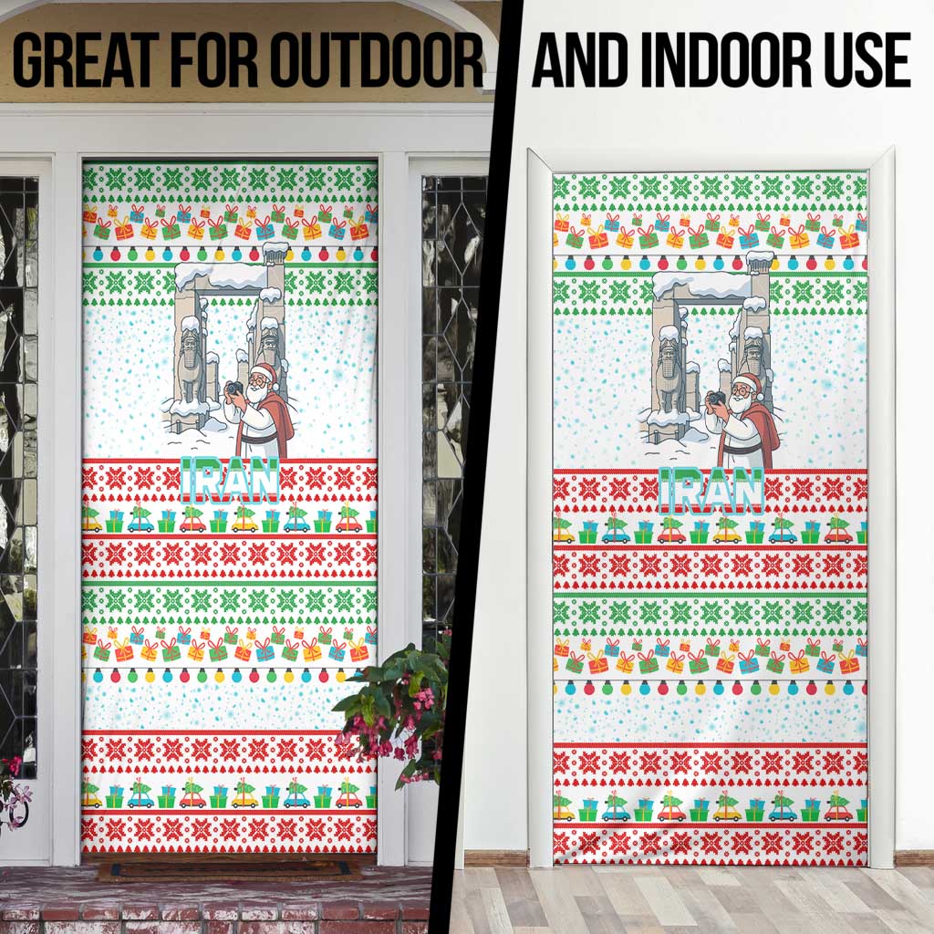 Iran Christmas Door Cover with Santa Taking Photos Ancient Columns and Snowflake Gift Pattern - Wonder Print Shop