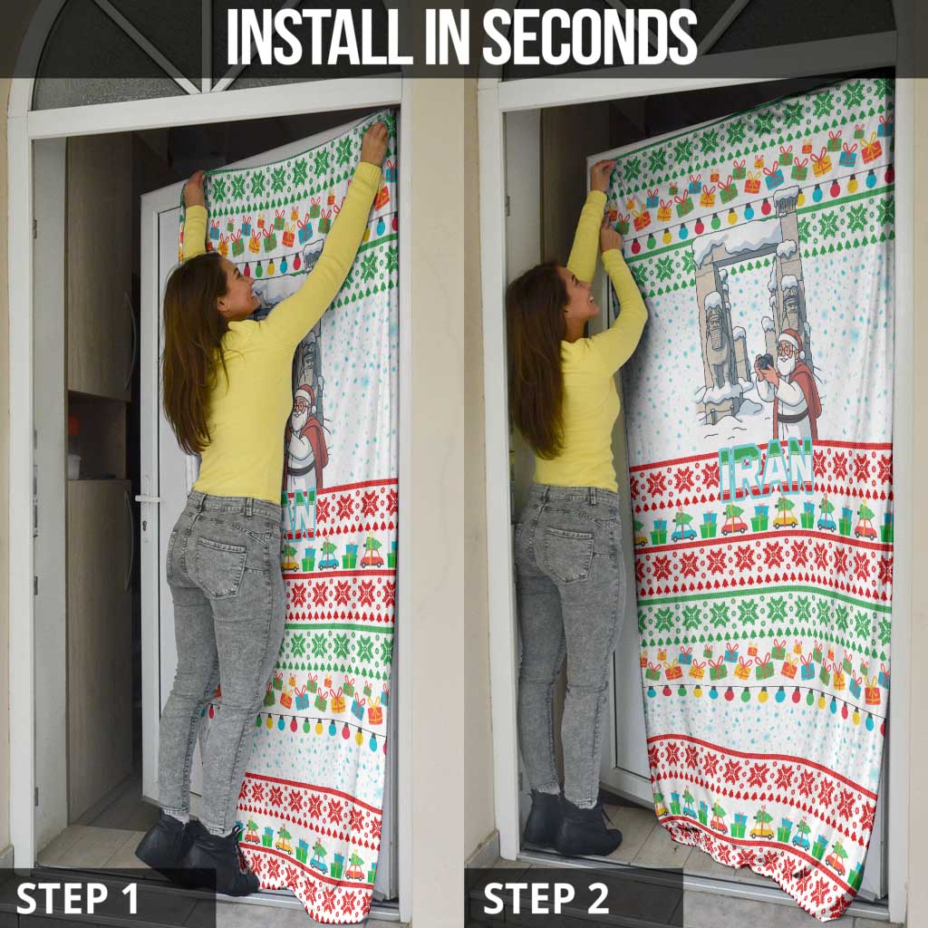 Iran Christmas Door Cover with Santa Taking Photos Ancient Columns and Snowflake Gift Pattern - Wonder Print Shop