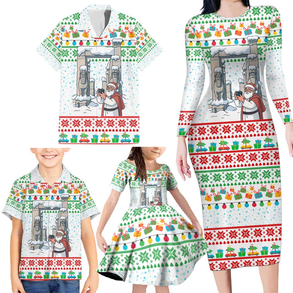 Iran Christmas Family Matching Long Sleeve Bodycon Dress and Hawaiian Shirt with Santa Taking Photos Ancient Columns and Snowflake Gift Pattern - Wonder Print Shop