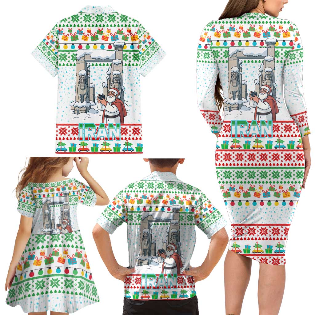 Iran Christmas Family Matching Long Sleeve Bodycon Dress and Hawaiian Shirt with Santa Taking Photos Ancient Columns and Snowflake Gift Pattern - Wonder Print Shop