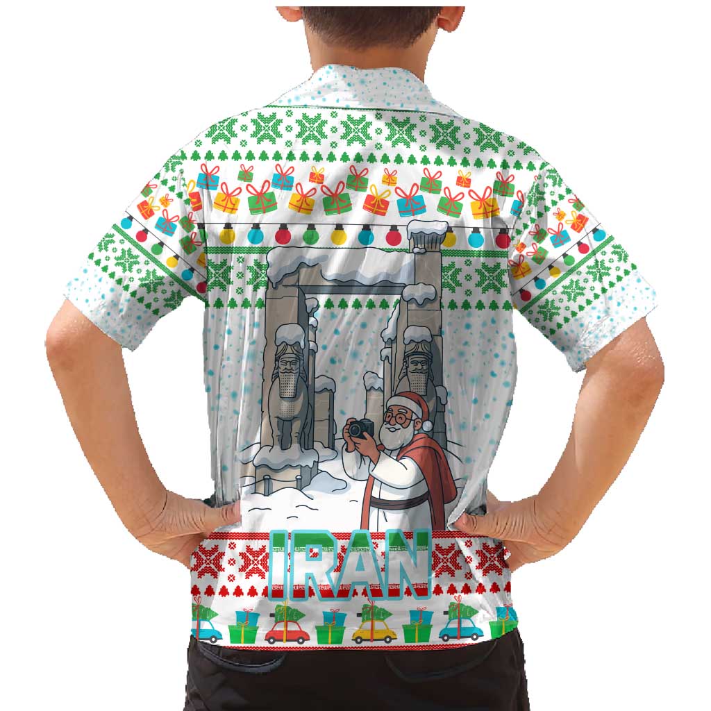 Iran Christmas Family Matching Mermaid Dress and Hawaiian Shirt with Santa Taking Photos Ancient Columns and Snowflake Gift Pattern - Wonder Print Shop