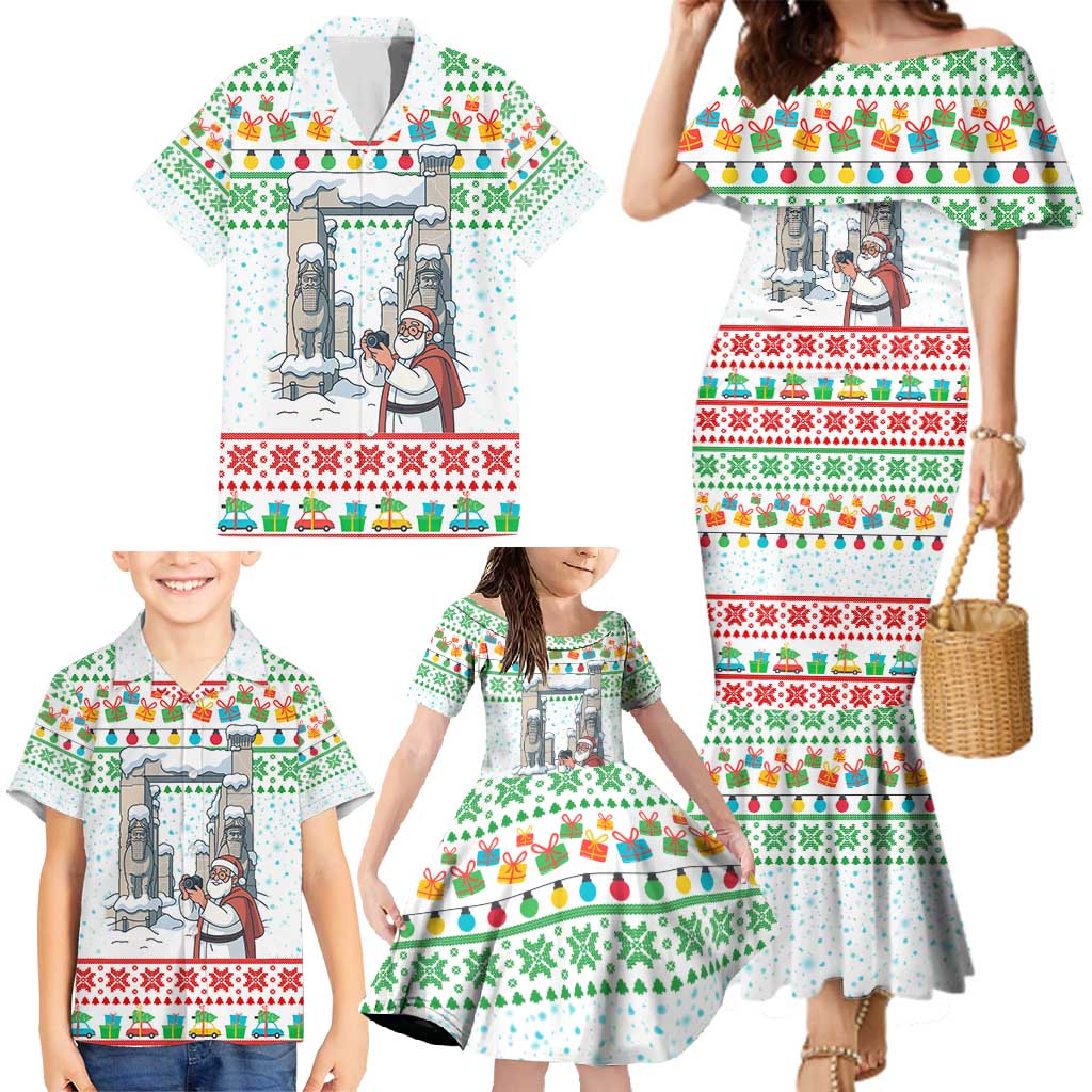 Iran Christmas Family Matching Mermaid Dress and Hawaiian Shirt with Santa Taking Photos Ancient Columns and Snowflake Gift Pattern - Wonder Print Shop