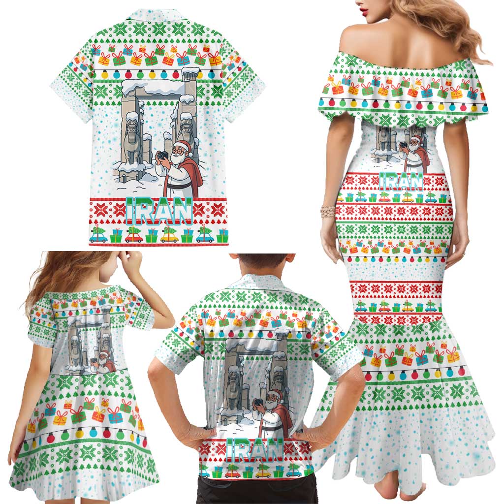 Iran Christmas Family Matching Mermaid Dress and Hawaiian Shirt with Santa Taking Photos Ancient Columns and Snowflake Gift Pattern - Wonder Print Shop
