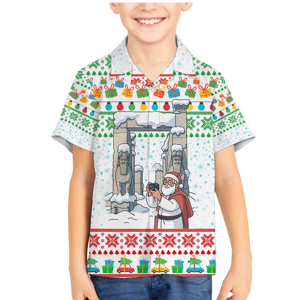 Iran Christmas Family Matching Mermaid Dress and Hawaiian Shirt with Santa Taking Photos Ancient Columns and Snowflake Gift Pattern - Wonder Print Shop