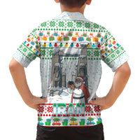 Iran Christmas Family Matching Off The Shoulder Long Sleeve Dress and Hawaiian Shirt with Santa Taking Photos Ancient Columns and Snowflake Gift Pattern - Wonder Print Shop