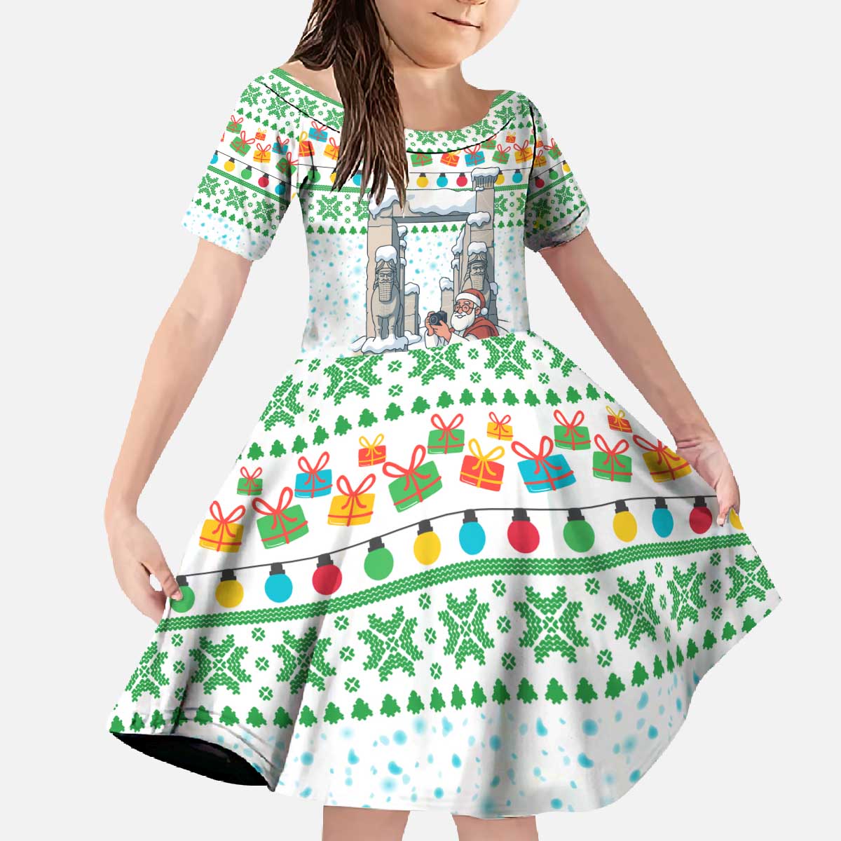 Iran Christmas Family Matching Off The Shoulder Long Sleeve Dress and Hawaiian Shirt with Santa Taking Photos Ancient Columns and Snowflake Gift Pattern - Wonder Print Shop