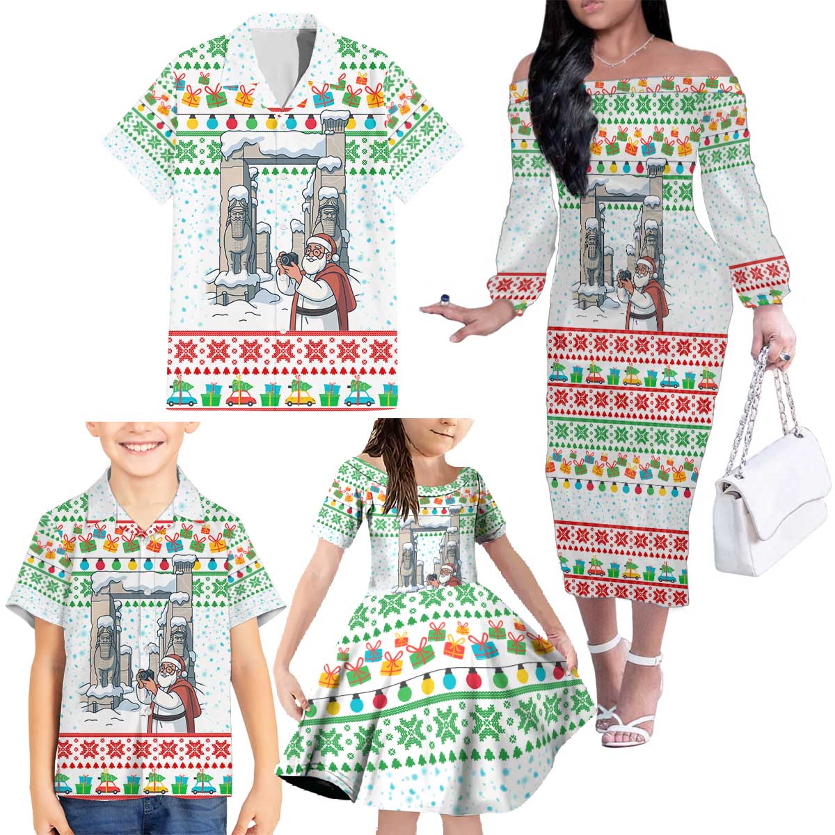Iran Christmas Family Matching Off The Shoulder Long Sleeve Dress and Hawaiian Shirt with Santa Taking Photos Ancient Columns and Snowflake Gift Pattern - Wonder Print Shop