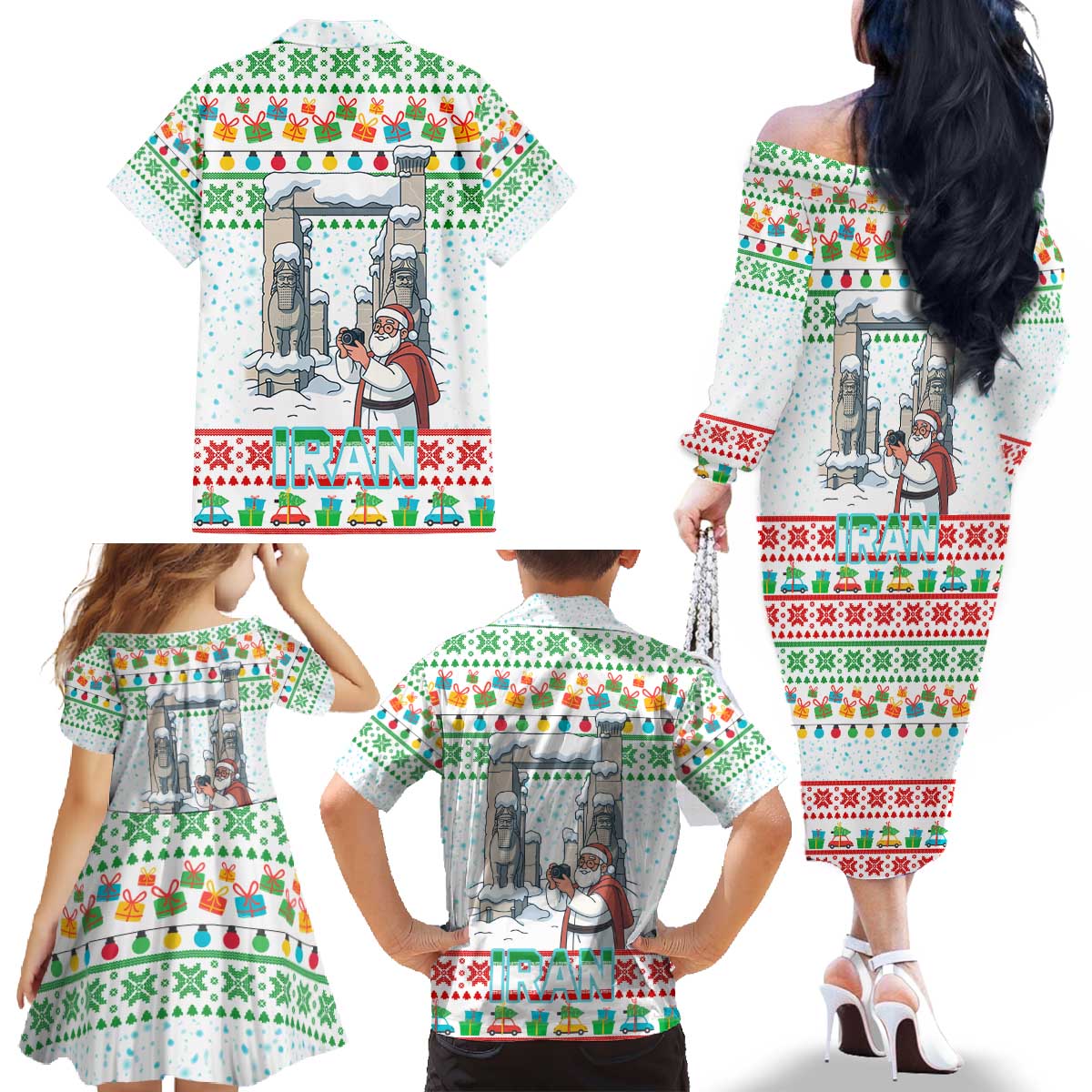 Iran Christmas Family Matching Off The Shoulder Long Sleeve Dress and Hawaiian Shirt with Santa Taking Photos Ancient Columns and Snowflake Gift Pattern - Wonder Print Shop