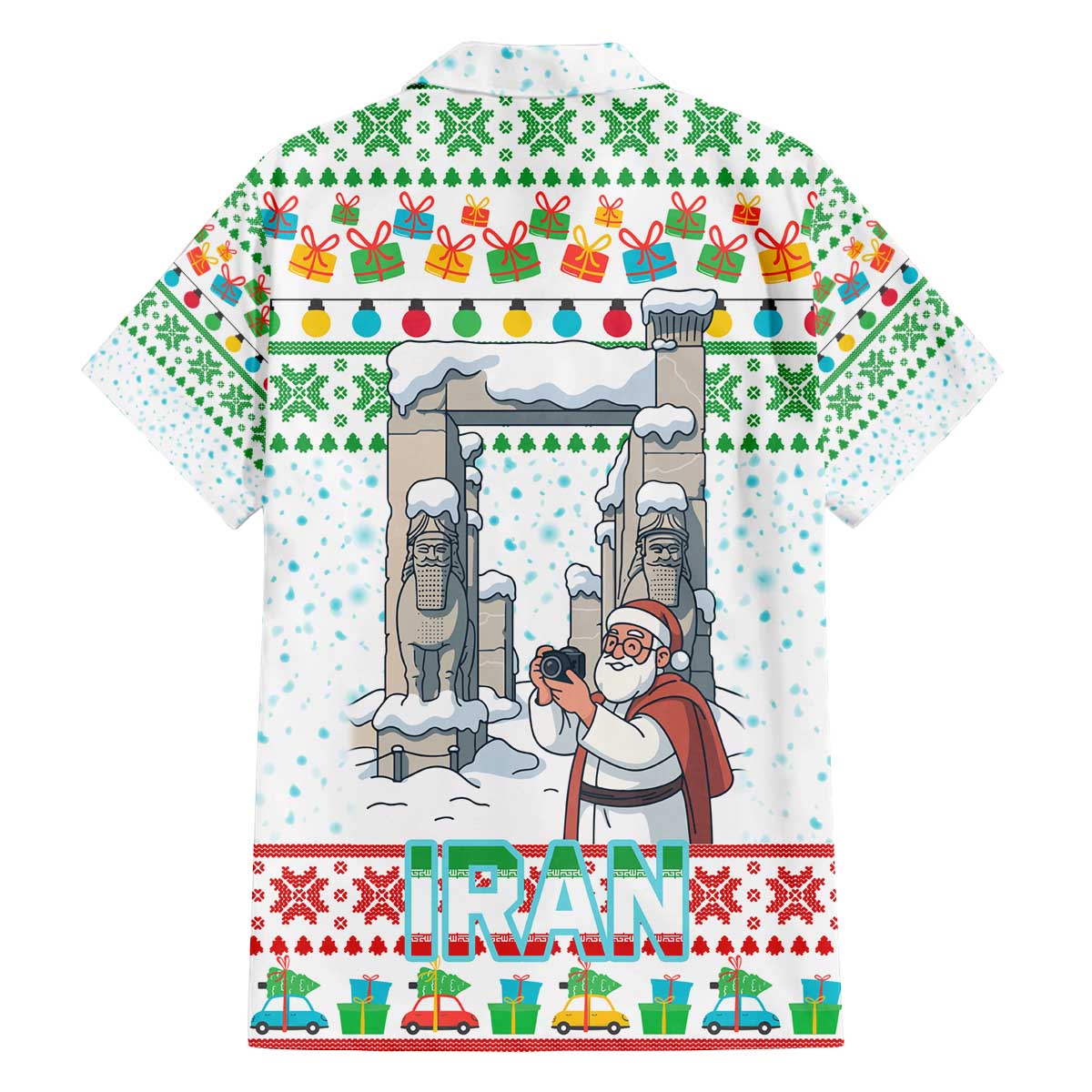Iran Christmas Family Matching Off The Shoulder Long Sleeve Dress and Hawaiian Shirt with Santa Taking Photos Ancient Columns and Snowflake Gift Pattern - Wonder Print Shop