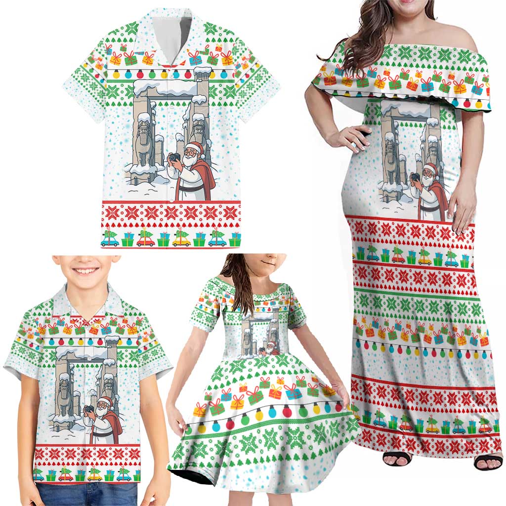Iran Christmas Family Matching Off Shoulder Maxi Dress and Hawaiian Shirt with Santa Taking Photos Ancient Columns and Snowflake Gift Pattern - Wonder Print Shop