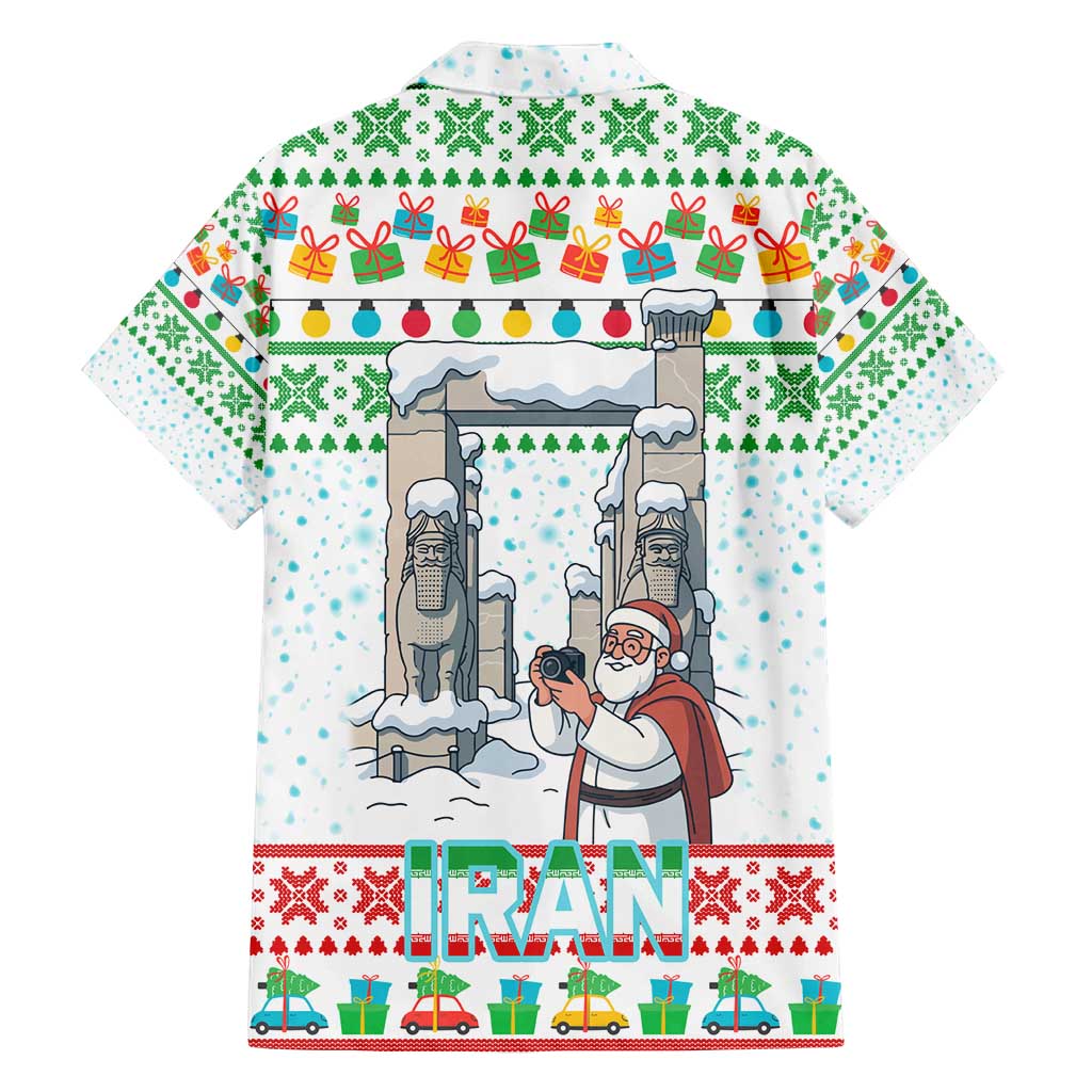 Iran Christmas Family Matching Off Shoulder Maxi Dress and Hawaiian Shirt with Santa Taking Photos Ancient Columns and Snowflake Gift Pattern - Wonder Print Shop