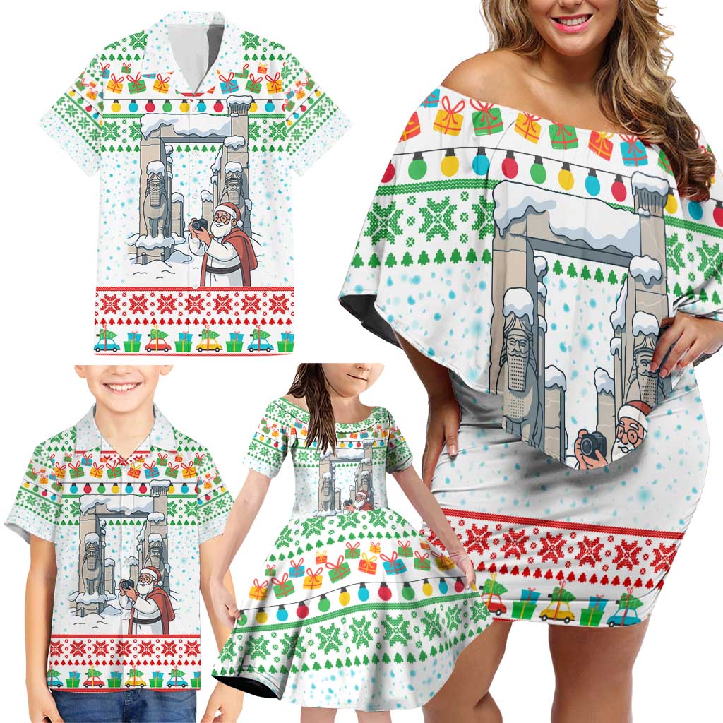 Iran Christmas Family Matching Off Shoulder Short Dress and Hawaiian Shirt with Santa Taking Photos Ancient Columns and Snowflake Gift Pattern - Wonder Print Shop