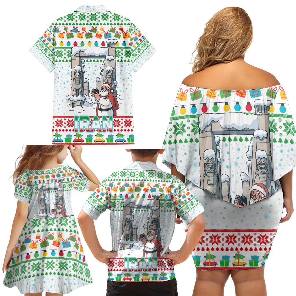 Iran Christmas Family Matching Off Shoulder Short Dress and Hawaiian Shirt with Santa Taking Photos Ancient Columns and Snowflake Gift Pattern - Wonder Print Shop