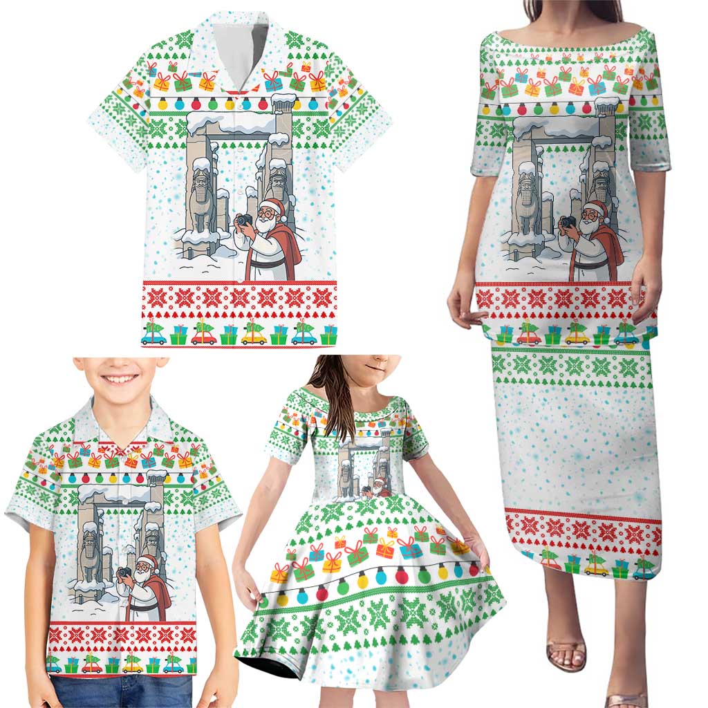 Iran Christmas Family Matching Puletasi and Hawaiian Shirt with Santa Taking Photos Ancient Columns and Snowflake Gift Pattern - Wonder Print Shop