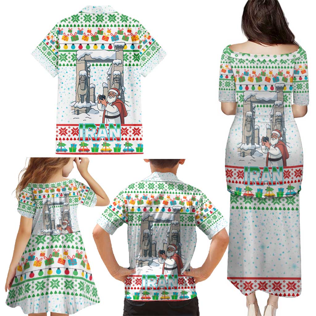 Iran Christmas Family Matching Puletasi and Hawaiian Shirt with Santa Taking Photos Ancient Columns and Snowflake Gift Pattern - Wonder Print Shop