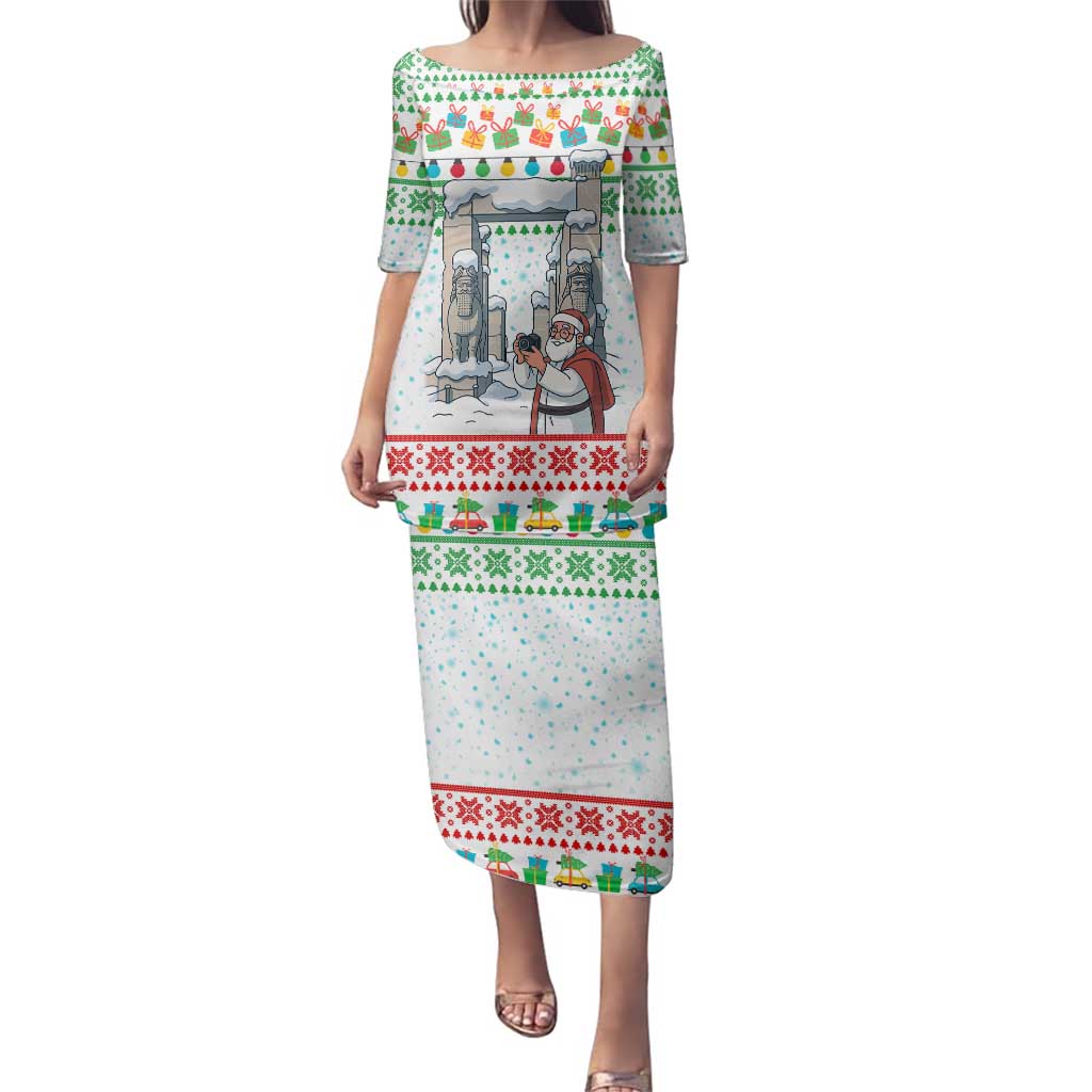 Iran Christmas Family Matching Puletasi and Hawaiian Shirt with Santa Taking Photos Ancient Columns and Snowflake Gift Pattern - Wonder Print Shop