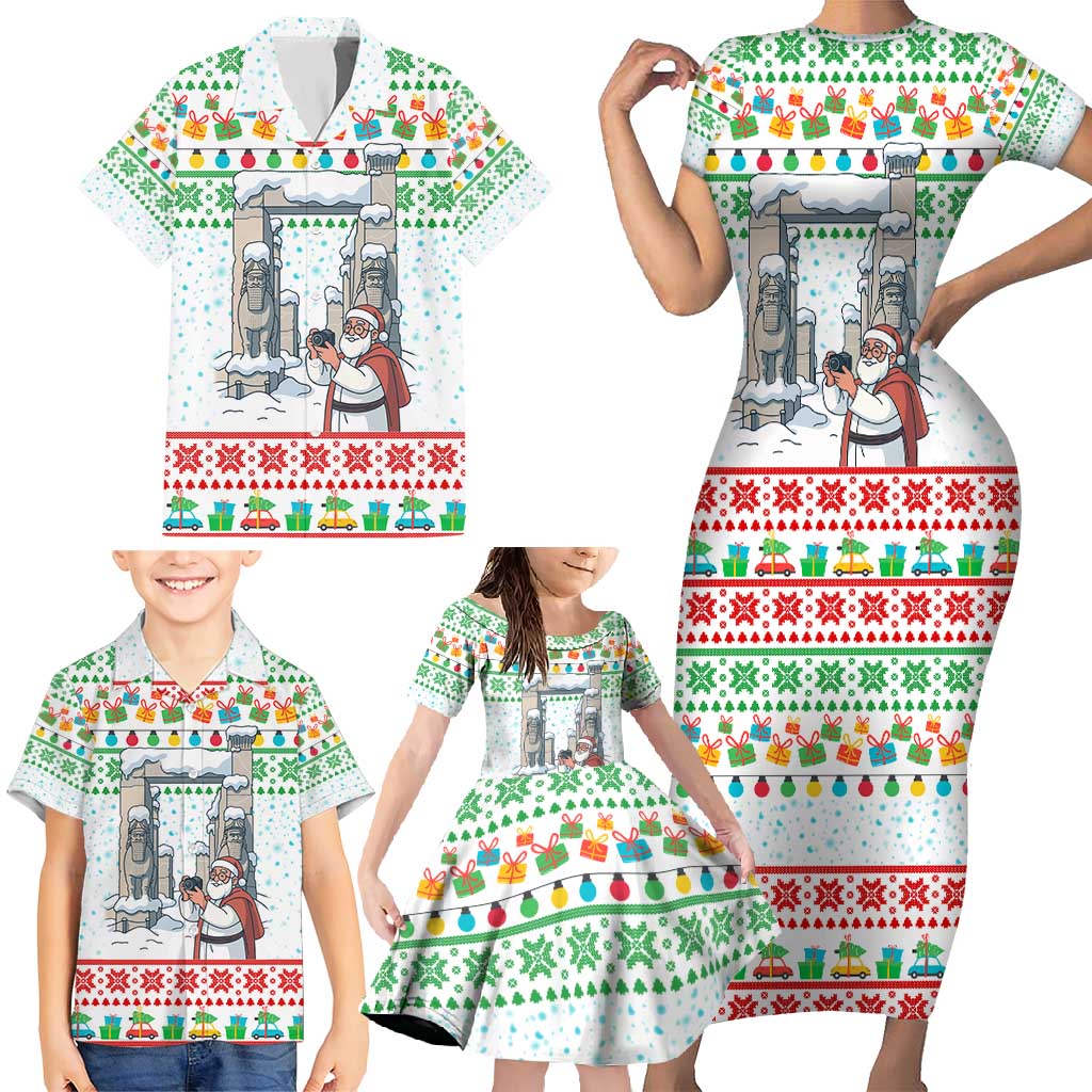 Iran Christmas Family Matching Short Sleeve Bodycon Dress and Hawaiian Shirt with Santa Taking Photos Ancient Columns and Snowflake Gift Pattern - Wonder Print Shop