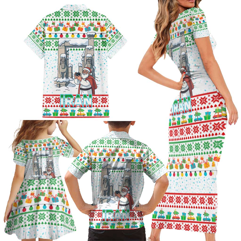 Iran Christmas Family Matching Short Sleeve Bodycon Dress and Hawaiian Shirt with Santa Taking Photos Ancient Columns and Snowflake Gift Pattern - Wonder Print Shop
