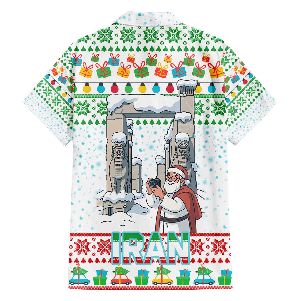 Iran Christmas Family Matching Short Sleeve Bodycon Dress and Hawaiian Shirt with Santa Taking Photos Ancient Columns and Snowflake Gift Pattern - Wonder Print Shop