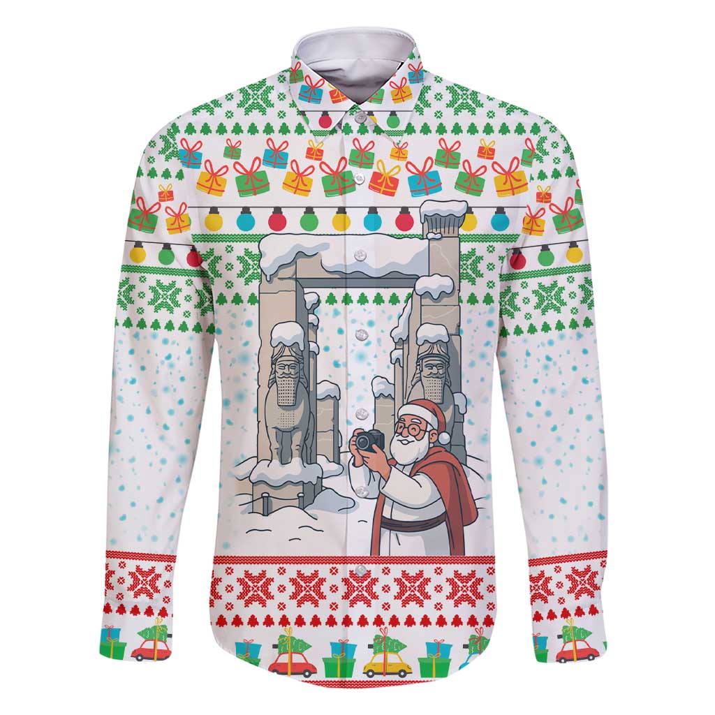 Iran Christmas Family Matching Short Sleeve Bodycon Dress and Hawaiian Shirt with Santa Taking Photos Ancient Columns and Snowflake Gift Pattern - Wonder Print Shop