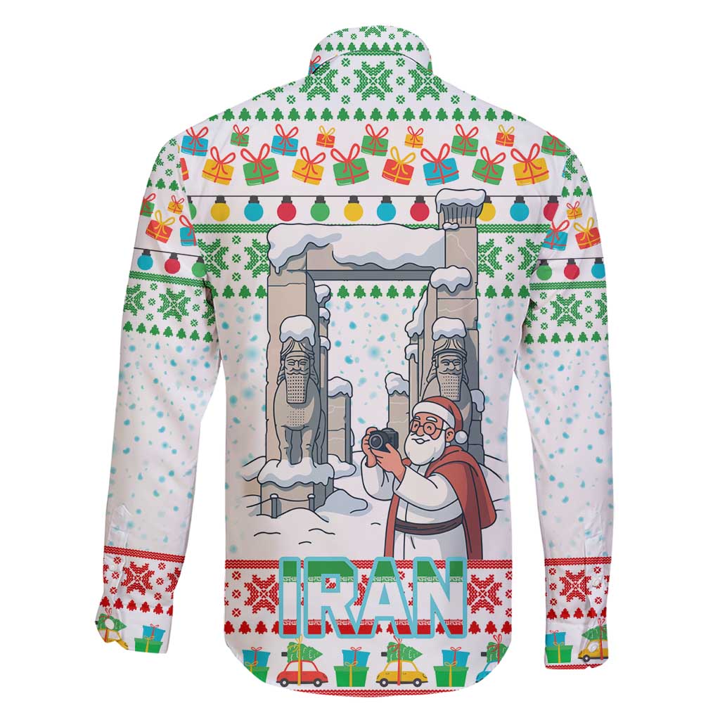 Iran Christmas Family Matching Short Sleeve Bodycon Dress and Hawaiian Shirt with Santa Taking Photos Ancient Columns and Snowflake Gift Pattern - Wonder Print Shop
