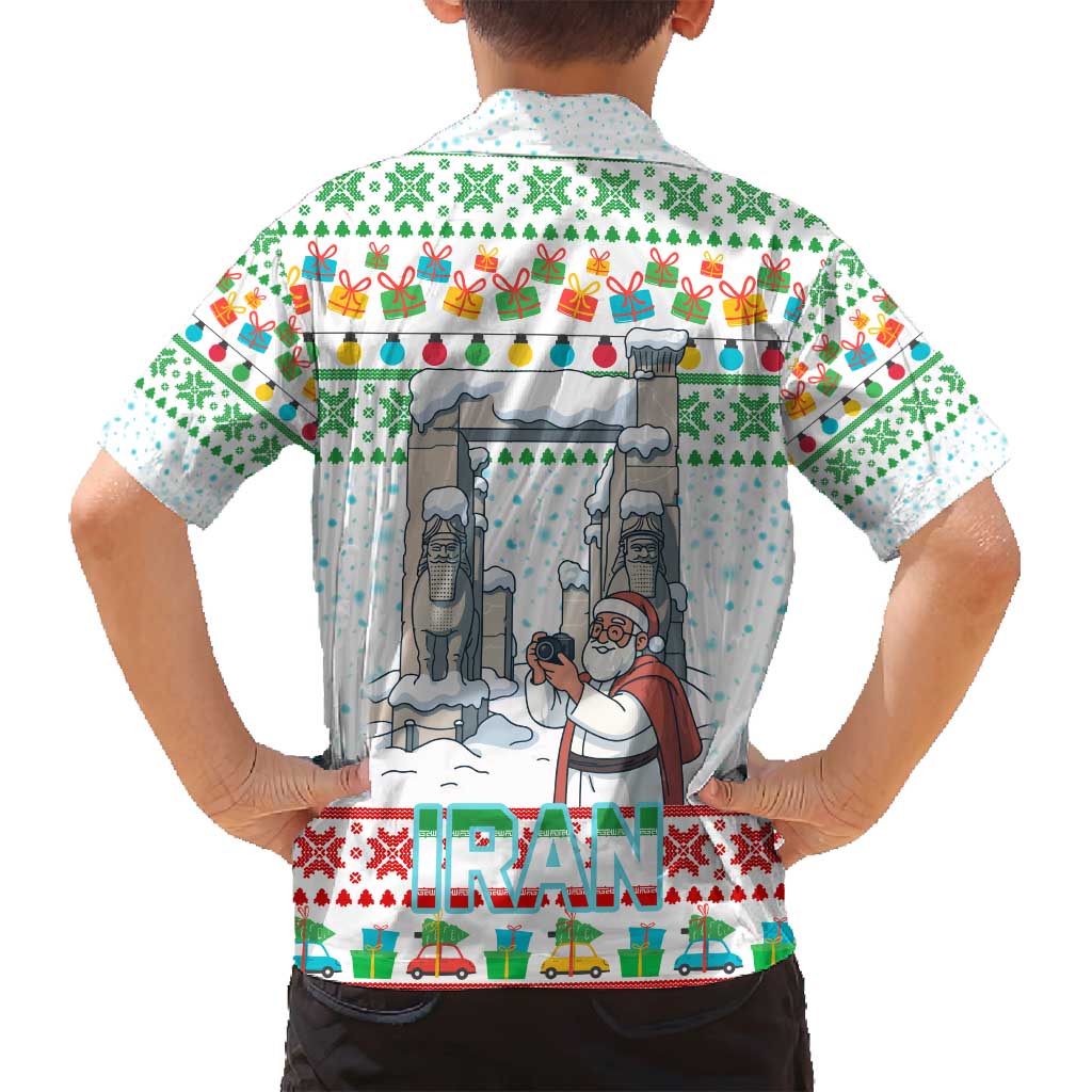 Iran Christmas Family Matching Summer Maxi Dress and Hawaiian Shirt with Santa Taking Photos Ancient Columns and Snowflake Gift Pattern - Wonder Print Shop