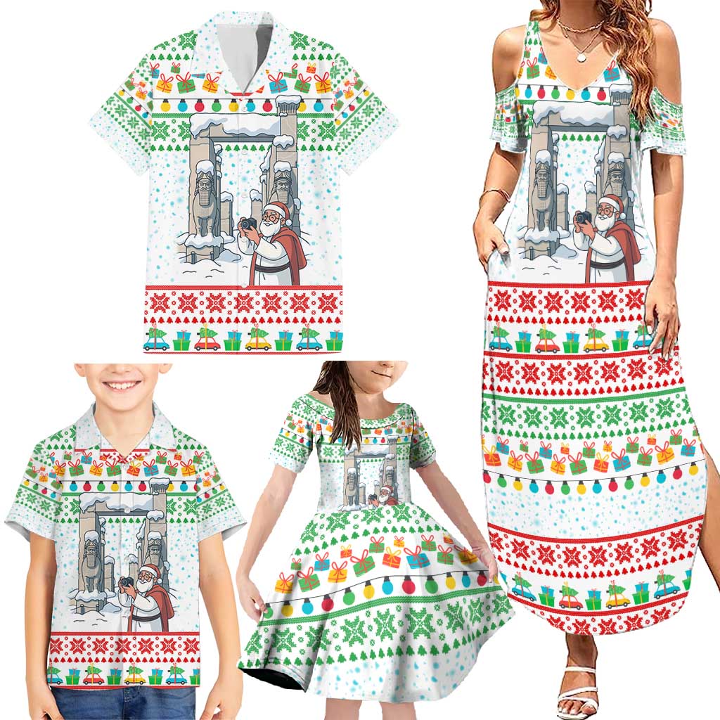 Iran Christmas Family Matching Summer Maxi Dress and Hawaiian Shirt with Santa Taking Photos Ancient Columns and Snowflake Gift Pattern - Wonder Print Shop