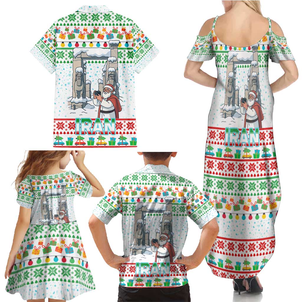 Iran Christmas Family Matching Summer Maxi Dress and Hawaiian Shirt with Santa Taking Photos Ancient Columns and Snowflake Gift Pattern - Wonder Print Shop