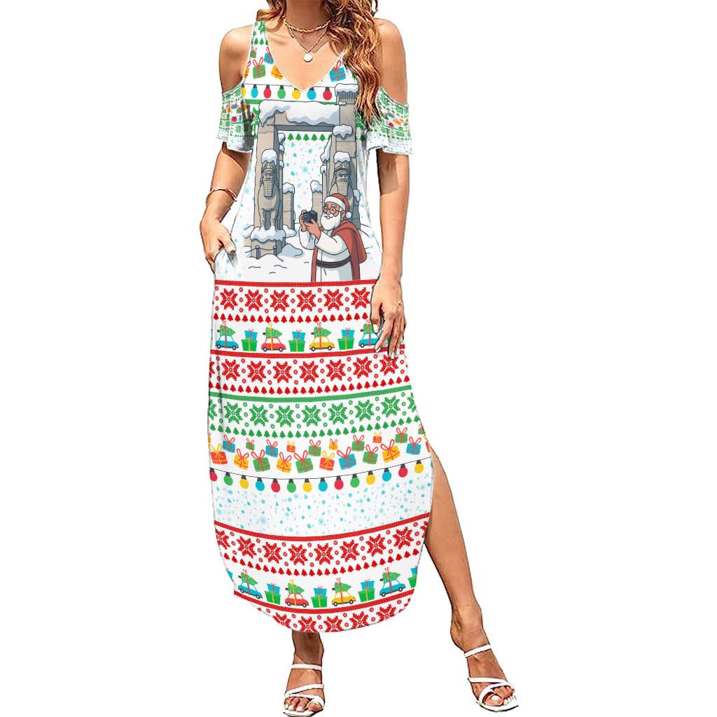 Iran Christmas Family Matching Summer Maxi Dress and Hawaiian Shirt with Santa Taking Photos Ancient Columns and Snowflake Gift Pattern - Wonder Print Shop