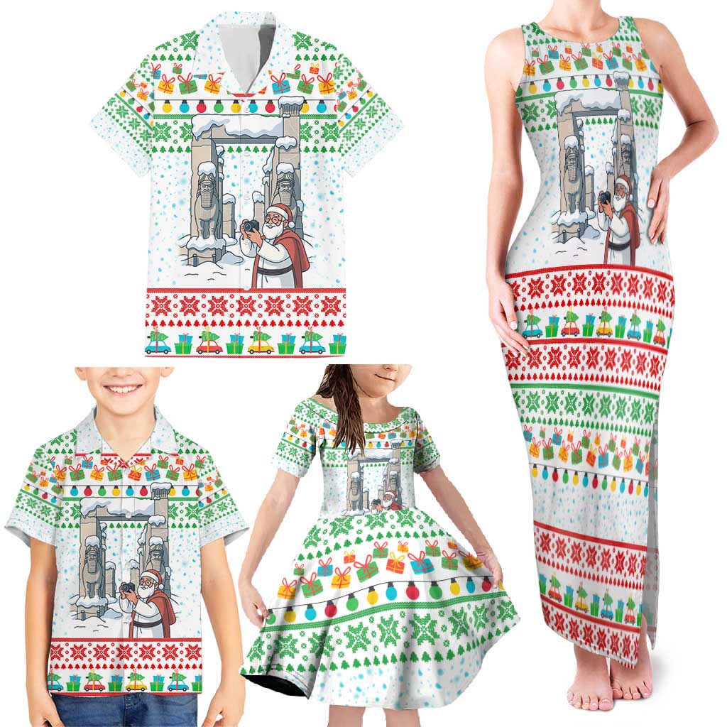 Iran Christmas Family Matching Tank Maxi Dress and Hawaiian Shirt with Santa Taking Photos Ancient Columns and Snowflake Gift Pattern - Wonder Print Shop